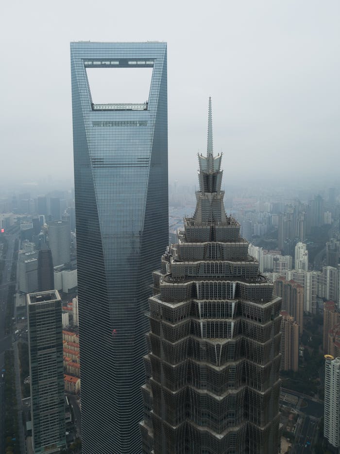 Aerial view of Shanghai's skyline showcasing the SWFC and Jin Mao Tower.